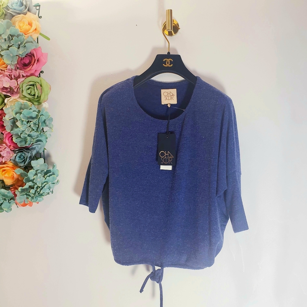 NEW CHASER Blue Sweater Top Tee SMALL Boat Neck Long sleeve Drawstring Stretch - Picture 3 of 13